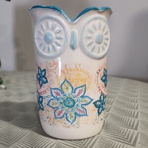 Ceramic Owl Vase with Blue Floral Design